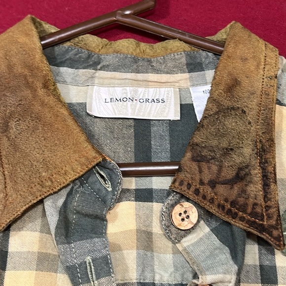 Lemon grass FALL LEAVES autumn thanksgivjng plaid SHIRT leather collar size 20 - Picture 3 of 16